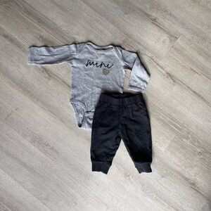 Gray 'mini' Heart Bodysuit and Black Jogger Set